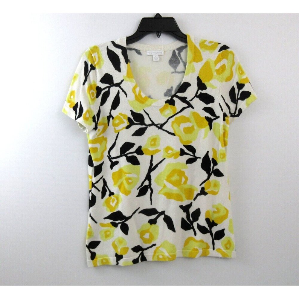 Charter Club Sweater Top Size Medium Yellow Floral Print Pullover Short Sleeve